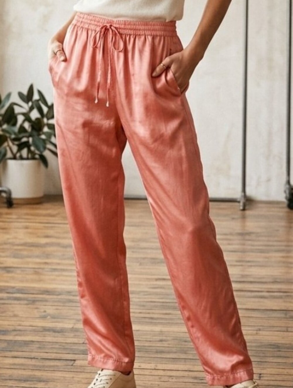 EVR Vintagr Women's Satin Drawstring Silk Pants - Coral Pink Sz M